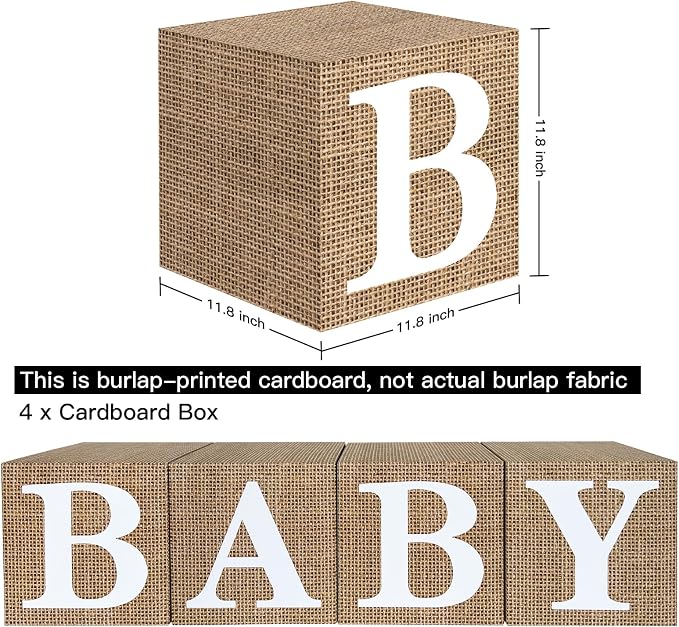 Burlap Print Baby Shower Boxes for Gender Reveal Party Gender Neutral Baby Shower Centerpiece Decor - 4 Pcs Burlap Grain Baby Cubes Baby Blocks with Letters, Rustic Baby Shower Decorations