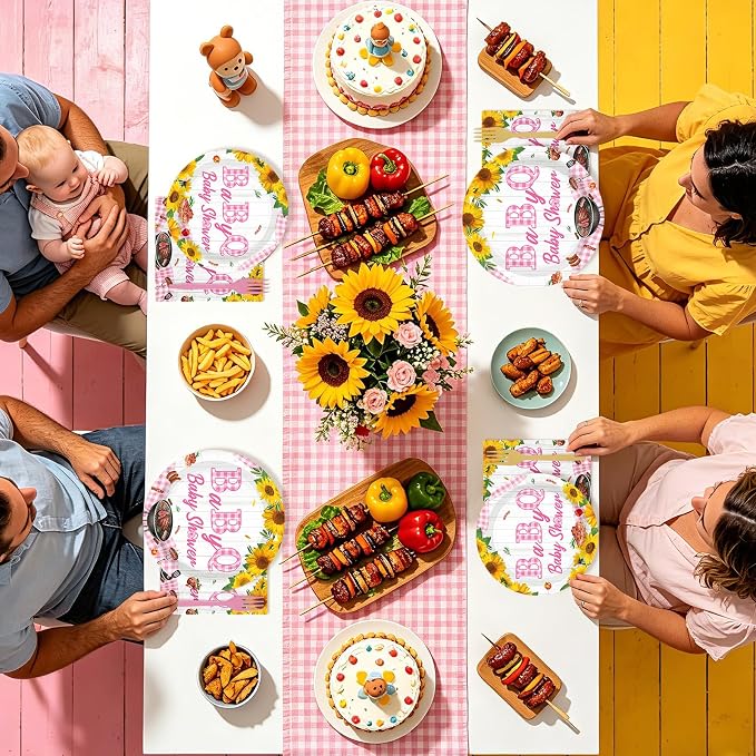 96Pcs Baby Q Baby Shower Party Decorations Pink BBQ Plates and Napkins Pink Gingham Tableware Set for Girls BabyQ Picnic Themed Birthday Gender Reveal Party Supplies, Serves 24
