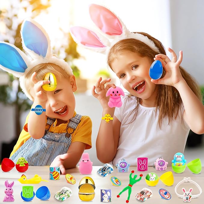 Adisher [ 6 Surprise Golden Eggs ] 50 PACK Prefilled Easter Egg Fillers, Easter Basket Stuffers Egg Hunt with Toys Goodie Bags Stuffers Party Favors Classroom Prize Supplies for Kids