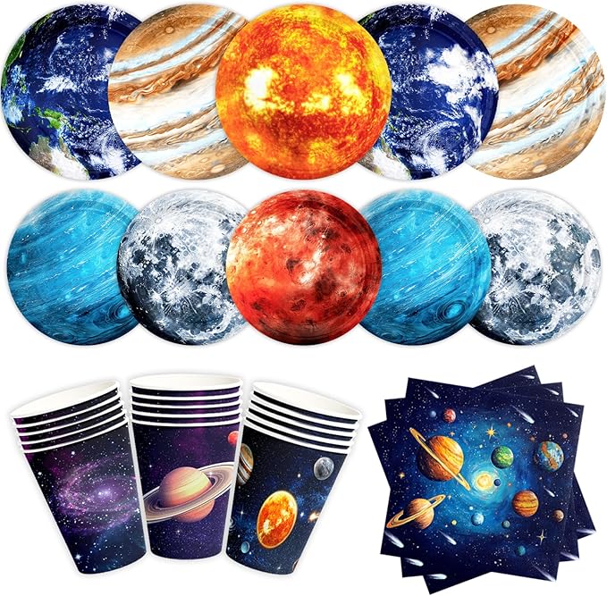 120Pcs Space Theme Party Decorations Outer Space Birthday Party Supplies Galaxy Planet Outer Space Disposable Plates Napkins for Kids Space Solar System Planets Birthday Party Decorations 30 Guests