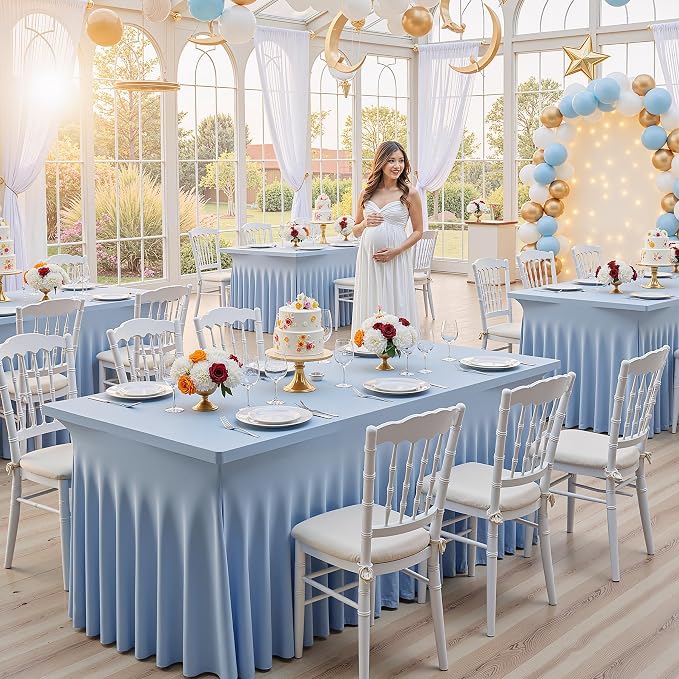 Outpain Dusty Blue Spandex Table Clothes for 6 Foot Rectangle Tables-6Pack 6FT Spandex Fitted Table Cover, Wrinkle Free Tablecloths with Skirt for Parties, Wedding, Birthday, Banquet, Festival
