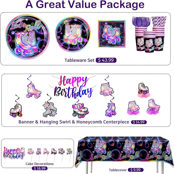 353pcs Roller Skating Party Supplies Tableware Set-Service 50, All-in-one Roller Skate Party Decorations Include 350gsm Plates Banner Napkins Cups Tablecloth Centerpiece Balloons