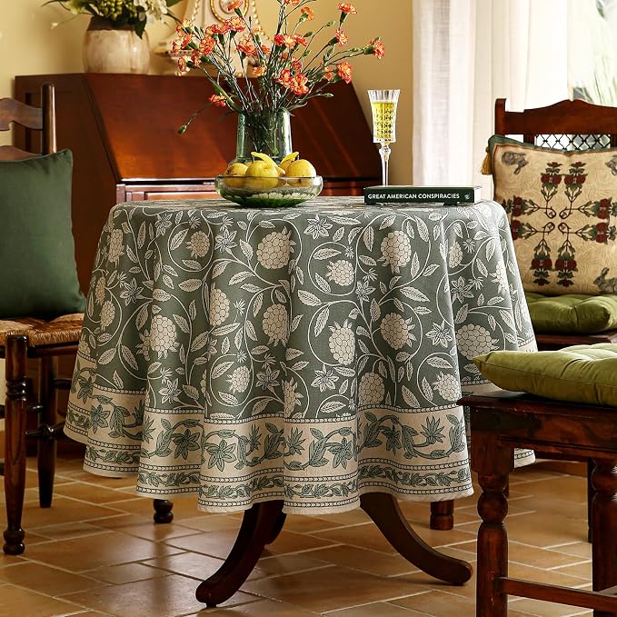 ISAENNE Designer Linen Green Round Tablecloth,Diameter 55"-Andrew A | Vintage Elegant French Beautiful Decor Table Cloth,Floral Pattern,Heavyweight,Dining Room,Tea Party,Kitchen,Thanksgiving