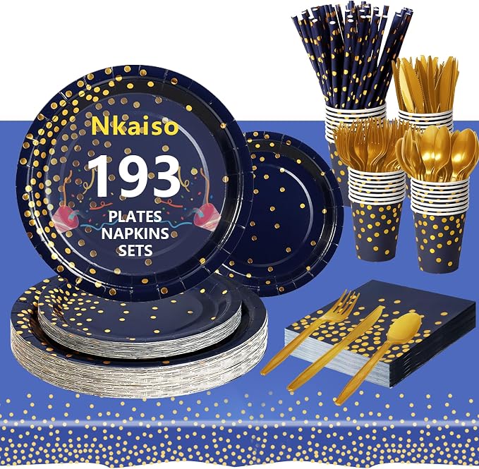 Nkaiso 193 Pcs Navy Blue Gold Paper Plates and Napkins Party Supplies Sets Include Navy Blue Party Plate Cup Napkin Plastic Cutlery for Baby Shower, Wedding, Birthday Decoration -24 Guest
