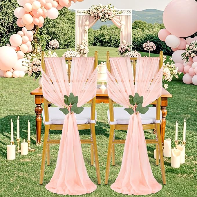 QueenDream Blush Chair Sashes Wedding: 36 Pieces Long Sheer Wedding Aisle Chair Decorations Tulle ChairCovers with Artificial Eucalyptus