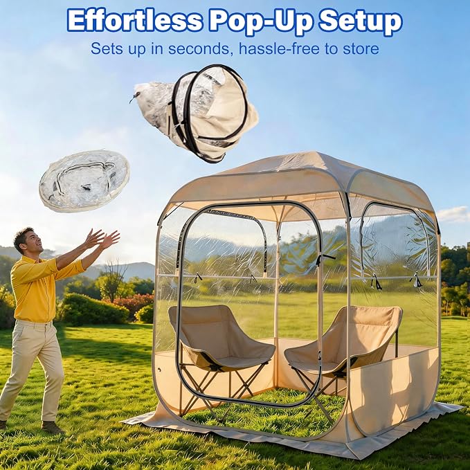 DIAMONDFORGE Sports Tent Pop Up Shelter 4.2 x 4.2 FT, Portable Clear Tent with Removable Top Cover, Instant Setup Weather Pods 2 Person, Spacious BubbleTent for Outside, Beige