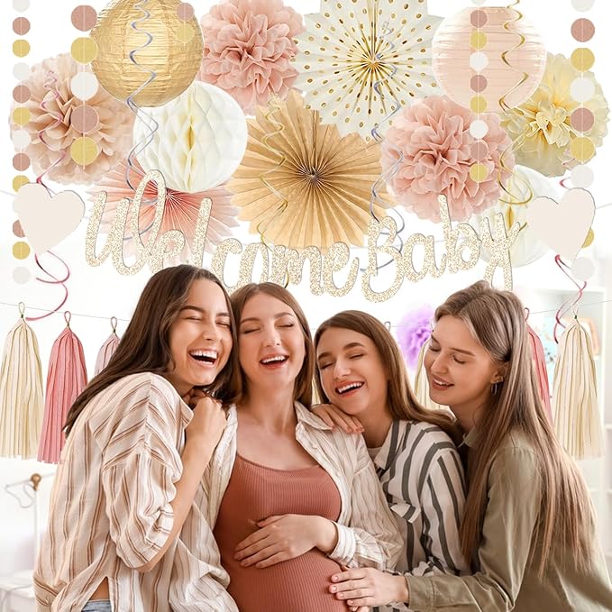Champagne-Gold Boho Baby Shower Party Decoration -Welcome Baby Banner with Neutral Paper Lanterns, Girl Tassel Garland, Honeycomb Balls, Paper Flowers, Fans, Hanging Swirls Beige Peach Backdrop Décor