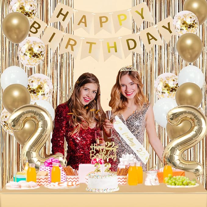 Trgowaul 22nd Birthday Decorations for her, Champagne Gold Happy 22nd Birthday Supplies for Girls, 22 Sash and Crown, Banner, Fringe Curtains, Cake Topper, 22 Year Old Party Supplies Set