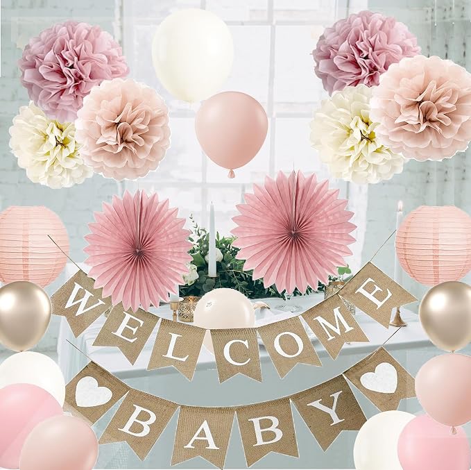 Baby Shower Decorations for Girls with Rustic Burlap Welcome Banner and Rose Gold Balloons Dusty Pink Paper Party Supplies (Pink + Champagne Gold)