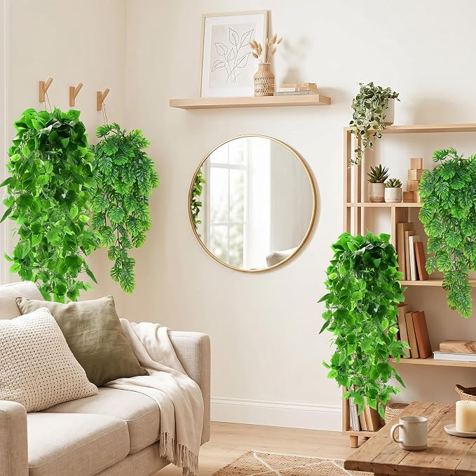 Daifunli 12 Pcs Artificial Hanging Plants Fake Hanging Ferns Plastic Fake Plant for Wall Room Garden Garland Indoor Outdoor Decor No Basket (Monstera Vine,Ivy Vine)