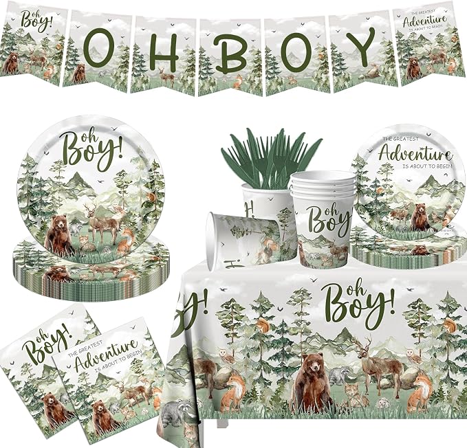 Let The Adventure Begin Baby Shower Tableware,Woodland Baby Shower Plates and Napkins Decorations Cups Banner Tablecloth for Adventure Awaits Baby Shower Boy Mountain Party Decorations