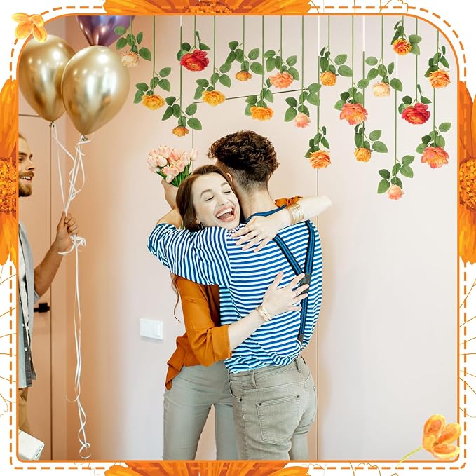 Lyrow 60 Pack Burnt Orange Rose Artificial Flower Hanging Flowers Ornament Floating Garland Ceiling Rose Vine for Wedding Anniversary Engagement Marriage Proposal Floral Birthday Party Fall Decor