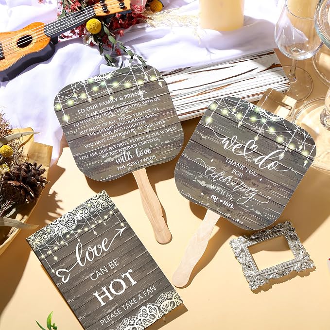 Fumete Wedding Favors for Guests 50 Pcs Wedding Fans and 1 Pc Table Sign Portable Paper Fan with Wooden Handle Hand Fan for Bridal Shower Party Favor Appreciation Gift(Light String)
