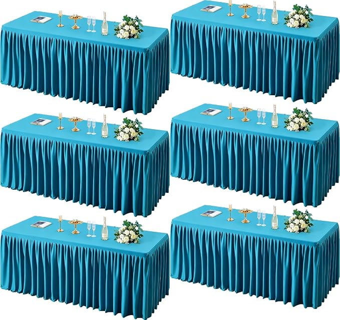 PARTISKY 6 Pack Turquoise Tablecloths for Rectangle Tables 6ft, Wrinkle Resistant Spandex Table Cover Fitted Stretch Table Cloth with Pleated Ruffle Skirts for Party Banquet Dining Birthday Wedding