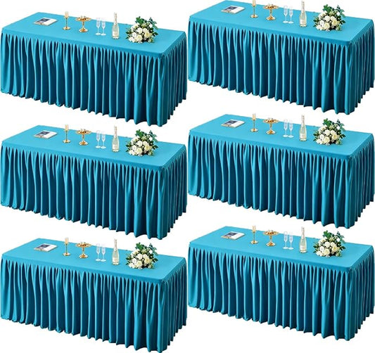 PARTISKY 6 Pack Turquoise Tablecloths for Rectangle Tables 8ft, Wrinkle Resistant Spandex Table Cover Fitted Stretch Table Cloth with Pleated Ruffle Skirts for Party Banquet Dining Birthday Wedding
