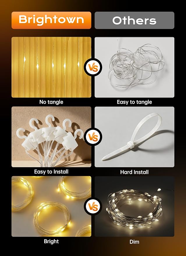 Brightown 180 LED Shower Curtain Lights, 70 Inch Warm White IP65 Waterproof Fairy Lights Battery Operated String Lights, 8 Modes Waterproof Christmas Lights for Indoor Outdoor Decor(No Curtain)