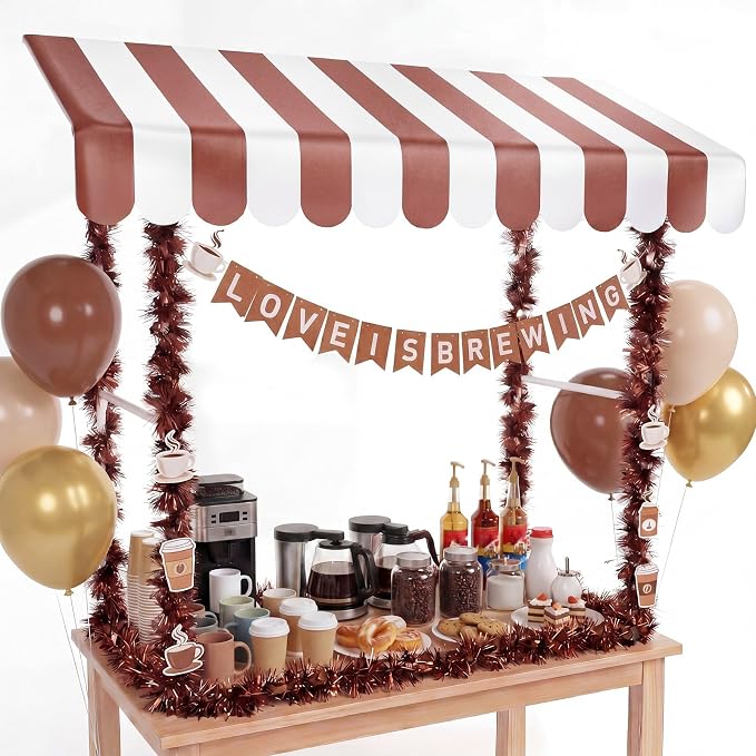 7 Pcs Love Is Brewing Bridal Shower Party Decorations Coffee Wedding Bachelorette Party Supplies with 1 Set Plastic Stand 1 Brown and White Striped Awning 4 Brown Tinsel 1 Love Is Brewing Banner