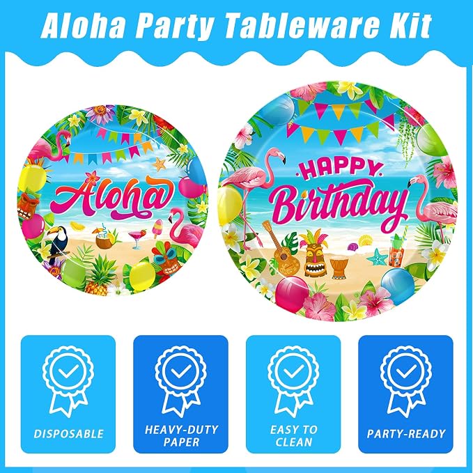 Kepeel 96 Pcs Hawaiian Aloha Party Decorations Supplies, Luau Tropical Birthday Party Plates Summer Beach Holiday Party Paper Plates Napkins Tableware Disposable Dinnerware Set , Serves 24