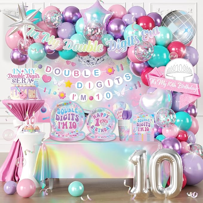 10th Birthday Decorations for Girls All-in-one Set, 279pcs Double Digits Birthday Girl Decorations Serves 25 with Backdrop Balloons Tableware Tablecloth Crown Sash Centerpiece Cupcake Toppers