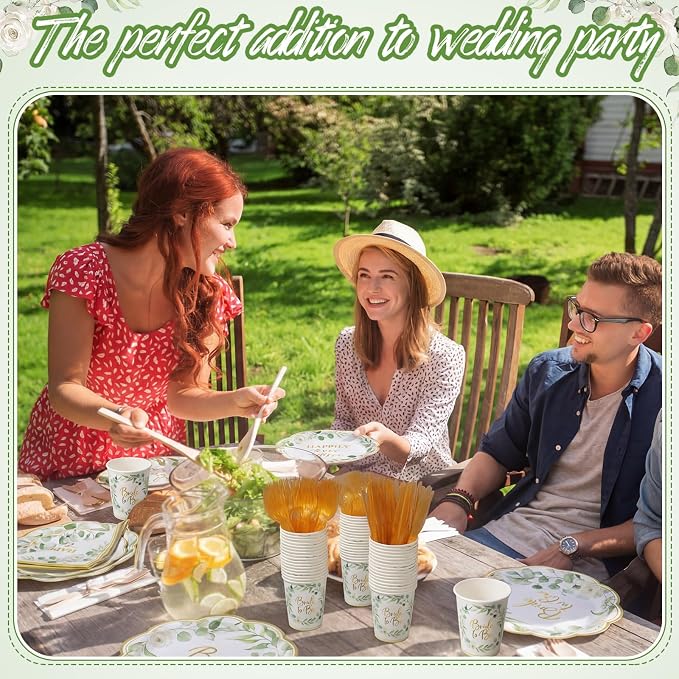 Pickmesh 400 Pcs Sage Green Bridal Shower Party Supplies Eucalyptus Leaves Bride to Be Happy Ever After Disposable Paper Plates Napkins Cups Cutlery Set for Wedding Bachelorette Party Decorations