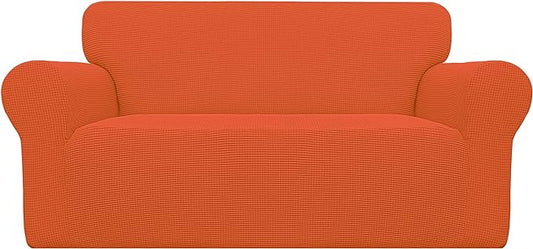 Easy-Going Stretch Loveseat Slipcover 1-Piece Sofa Cover Furniture Protector Couch Soft with Elastic Bottom for Kids Polyester Spandex Jacquard Fabric Small Checks (Loveseat, Orange)