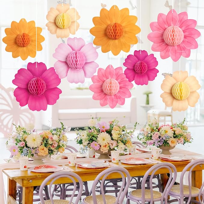 Paper Jazz Hanging Paper Flower Sunflower Honeycomb Party Decoration Pink Orange Spring Garden Themed Summer Party Supplies Large Paper Flower for Wall for Tea Party Baby Shower Wedding.