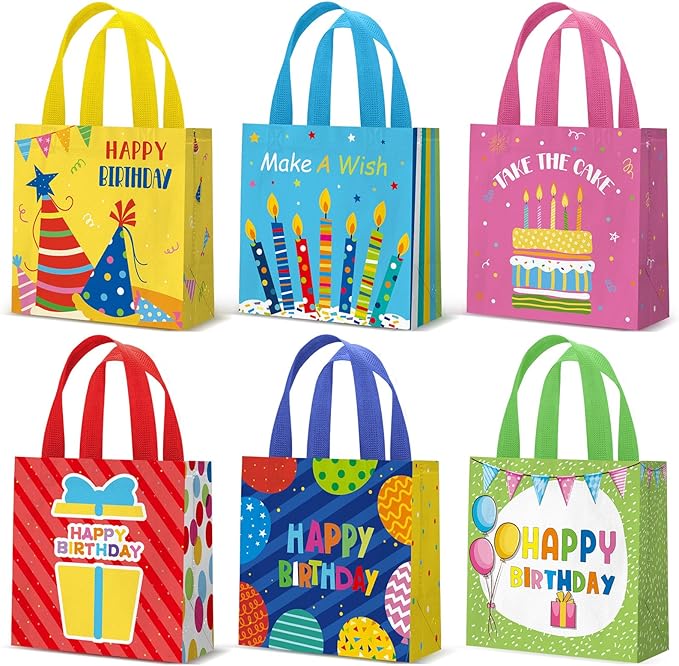 Wesnoy 24 Pcs Happy Birthday Gift Bags Bulk Medium Party Favor Bags Reusable Non Woven Goodie Tote Bag 8 x 8 x 3.5 in Gift Bag with Handles for Birthday Baby Shower Wedding Party Supplies