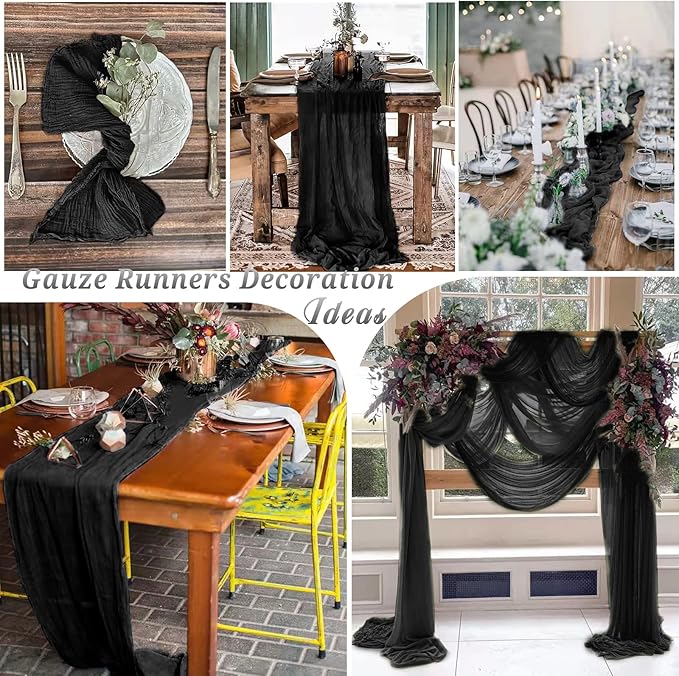 6 Pcs Black Cheesecloth Table Runner 10FT, Gauze Table Runner for Wedding Reception Sheer Bridal Shower Birthday Party Boho Table Decoration, Rustic Romantic Wedding Runner