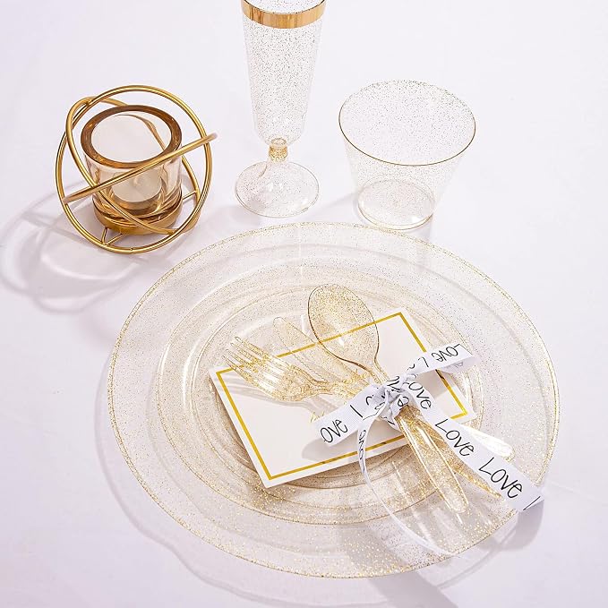 WDF 360 Gold Plastic Silverware - Disposable Gold Glitter Cutlery - Plastic Silverware inluding 120Forks, 120 Spoons, 120 Knives for Wedding Baby Shower Spring Birthday