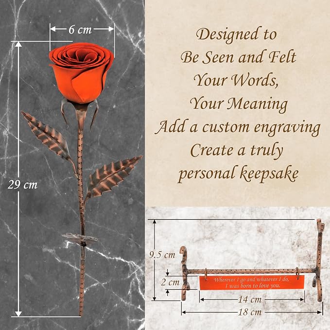 Copper Rose with Orange Bud & Engraved Bronze Plate – 8th & 19th, Personalized Metal Rose, Unique Romantic Gift, Statement Home Decor