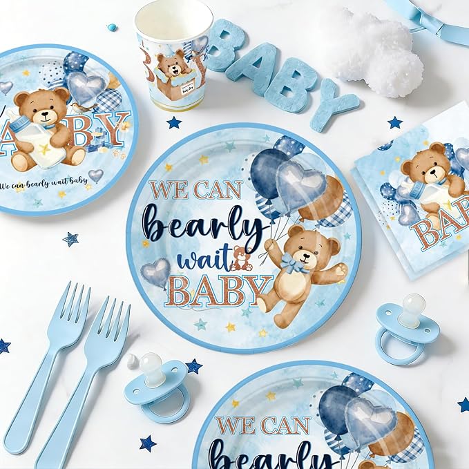 NeoRov 222 Pcs Blue Bear Baby Shower Decorations Tableware Set | Service 25 Guests | Includes Banner, Cake Topper, Balloons, Plates And Napkins Paper Cup | For Boy Baby Shower