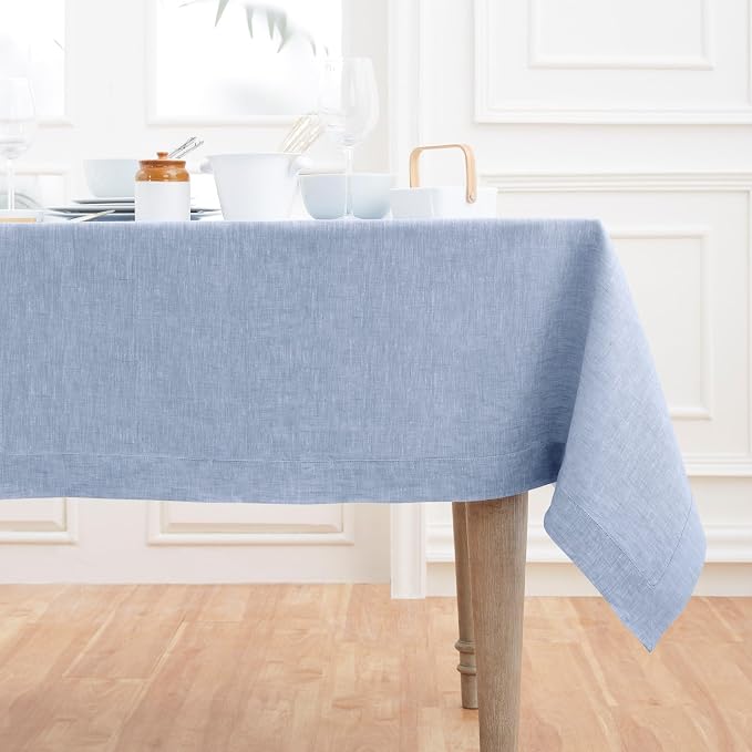 Solino Home Linen Tablecloth 60 x 132 Inch - 100% Pure Linen Chambray Blue Table Cloth for Rectangle Tables - Athena, Machine Washable Tablecloth for Summer