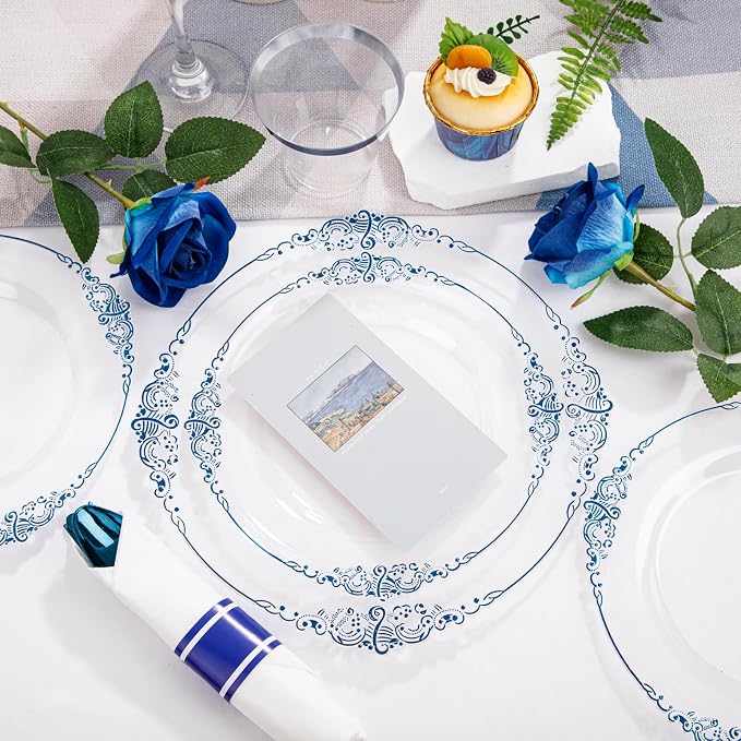 Hioasis 175pcs Clear and Blue Plates - Blue Party Plates for 25 Guest, Include 50 Heavy-duty Plates(20% Thicker Than Standard), 25 Pre Rolled Gold Plastic Silverware Set, 25 Cups for 4th ofJuly