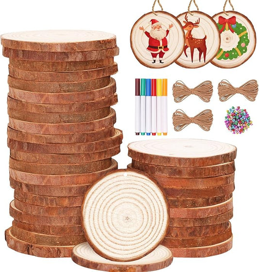 Max Fun Natural Wood Slices 30Pcs 2.4-2.8'' Craft Wood Kit Christmas Ornaments Unfinished Predrilled with Hole Wooden Circles for Arts and Crafts Christmas Holiday Ornaments DIY Crafts