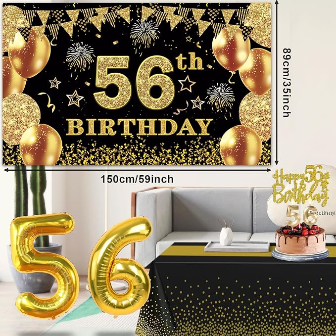 56th Birthday Decorations Men Women with 56th Birthday Banner, Black and Gold Table Cloth, Number Balloons, Large Sash, Cake Topper and Candles