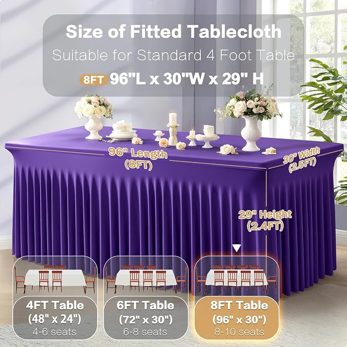 6 Packs Purple Spandex Table Covers 8 Foot, Fitted Stretch Table Cloth with Skirts 96x30 Inch, Wrinkle-Free Floor Length Rectangle Tablecloths for Trade Show Weddings Parties Banquets Events