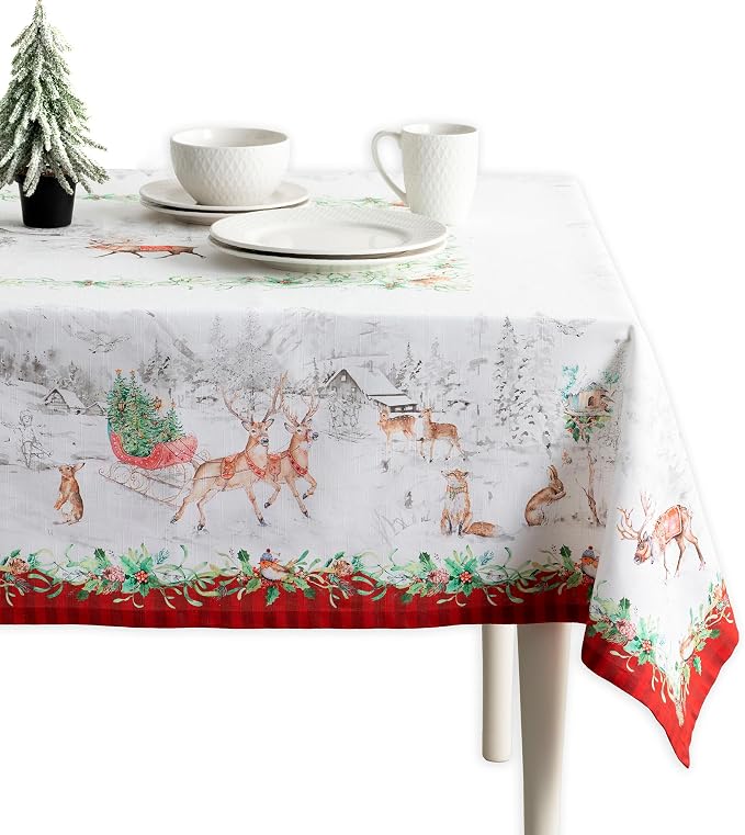 Maison d' Hermine Table Cloth Rectangle Table 100% Cotton 60 x 108 Inches Fall Tablecloth Reusable Everyday Use for Thanksgiving Christmas Decorations Dining Farmhouse Party (Christmas Tradition)