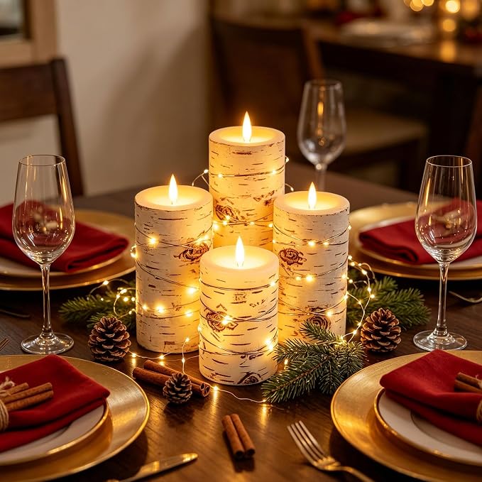 Da by 3 Pack Birch Bark Real Wax Flameless Candles, Flickering LED Taper Candles with Copper String Lights, Battery Operated Candles with Remote for Farmhouse Wedding Home Decor