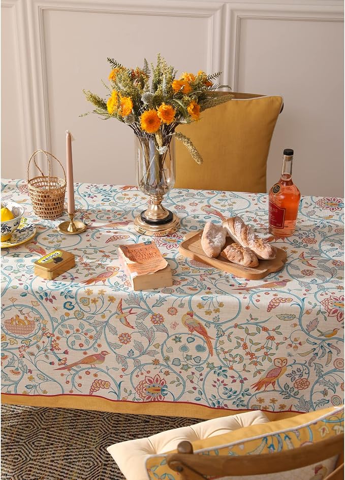 patdrea Vintage French Linen Tablecloth,Rectangular,110"x63"-Magnolia | Colorful Elegant Table Cloth for Rectangle Table,Yellow Floral Bird Print,Dining Room Tea Party Decoration,Durable