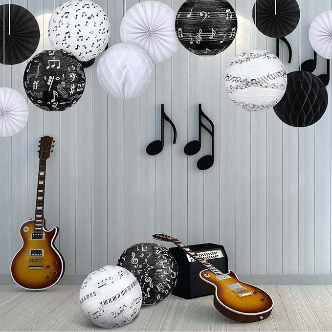 Baquler 18 Pcs Music Party Decoration Hanging Paper Lantern Music Notes Fans Black and White Honeycomb Ball for Rock Roll Concert 50's Theme Party Ceiling Decor Supplies