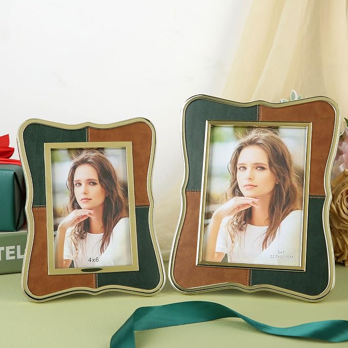 4x6 Metal Leather Picture Frame,Pretty Photo Frame with Gold Edge, Clear Glass Front, Unique Gifts for 3 Years of Marriage Couple Anniversary Graduation Horizontal&Vertical