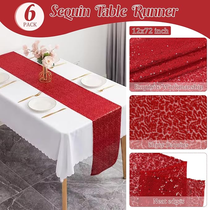 6 Pack Red Valentine's Day Sequin Table Runner 12" x 72" Sparkle Table Runner for Baby Bridal Shower Wedding Birthday Party Table Decor (Red)
