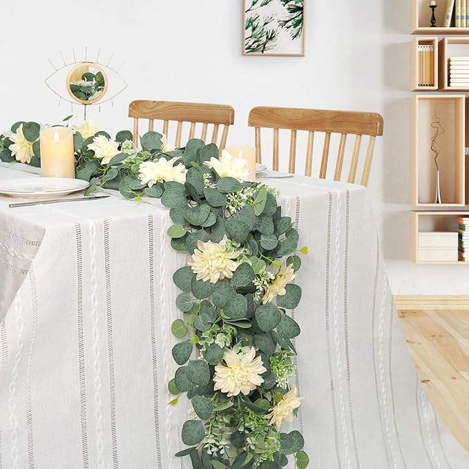 Dremisland 4 Pack Artificial Eucalyptus Flower Garland with Champagne Dahlia Flower, 24FT Fake Champagne Flower Greenery Garland Hanging Floral Vines for Wedding Home Party Wall Table Runner Decor