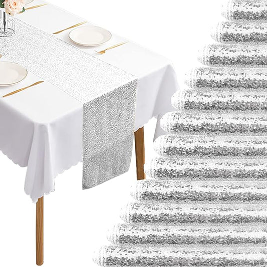 12 Packs 12 X 72 Inch Silver Sequin Table Runner Glitter Dining Table Runner for Birthday Wedding Engagement Bridal Baby Shower Bachelorette Holiday Celebration Party Supplies Decorations (Silver)
