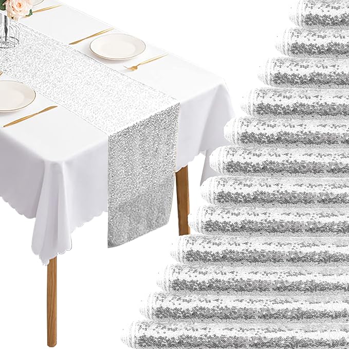 12 Packs 12 X 108 Inch Silver Sequin Table Runner Glitter Dining Table Runner for Birthday Wedding Engagement Bridal Baby Shower Bachelorette Holiday Celebration Party Supplies Decorations (Silver)
