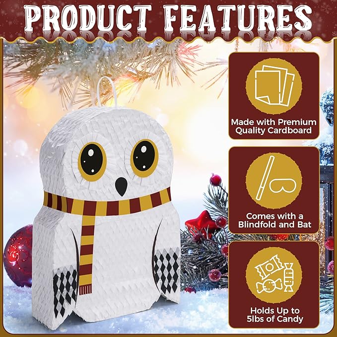 Small Owl Pinata Bundle with a Blindfold (16.5 x 12.5 x 4 Inches), Perfect for Birthday Parties, Forest Animal Theme, Wizard Theme Parties