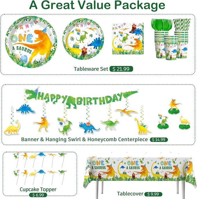193pcs One A Saurus Birthday Decorations with Tableware Set, Banner, Hanging, Tablecloth, Cake Number Candle, Balloon, Centerpieces, for Dinosaur Birthday Decorations 1 Year Old Boy, Serves 25