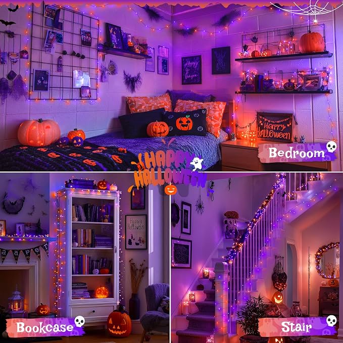 JMEXSUSS 2 Pack Orange and Purple Halloween Lights Battery Operated, Total 200 LED 66ft Halloween Fairy Lights with Remote, 8 Modes Twinkle String Lights for Fireplace Porch Tree Centerpiece Wreath