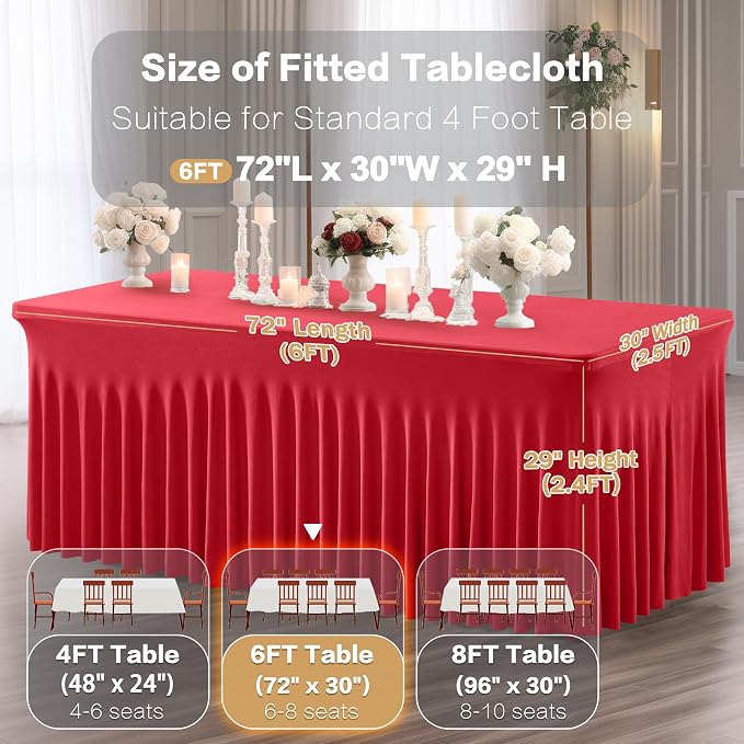 Shillance 6 Packs Red Spandex Table Clothes for 6 Foot Rectangle Table, Spandex Table Covers 6FT Stretch Table Skirts Wrinkle Free Fitted Table Cloth for Valentines, Event, Wedding, Banquet & Parties