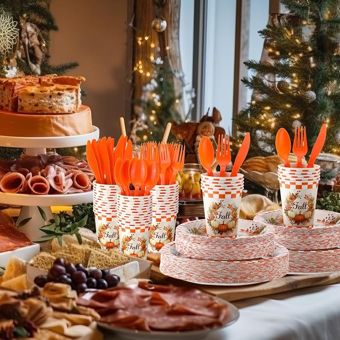 Sliner 350 Pcs Fall Paper Plates and Napkins Sets Party Supplies Thanksgiving Disposable Tableware Set Heavy Duty Pumpkin Paper Plates Orange Fall Cups Napkins Knife Fork Spoon, Serve 50 Guests